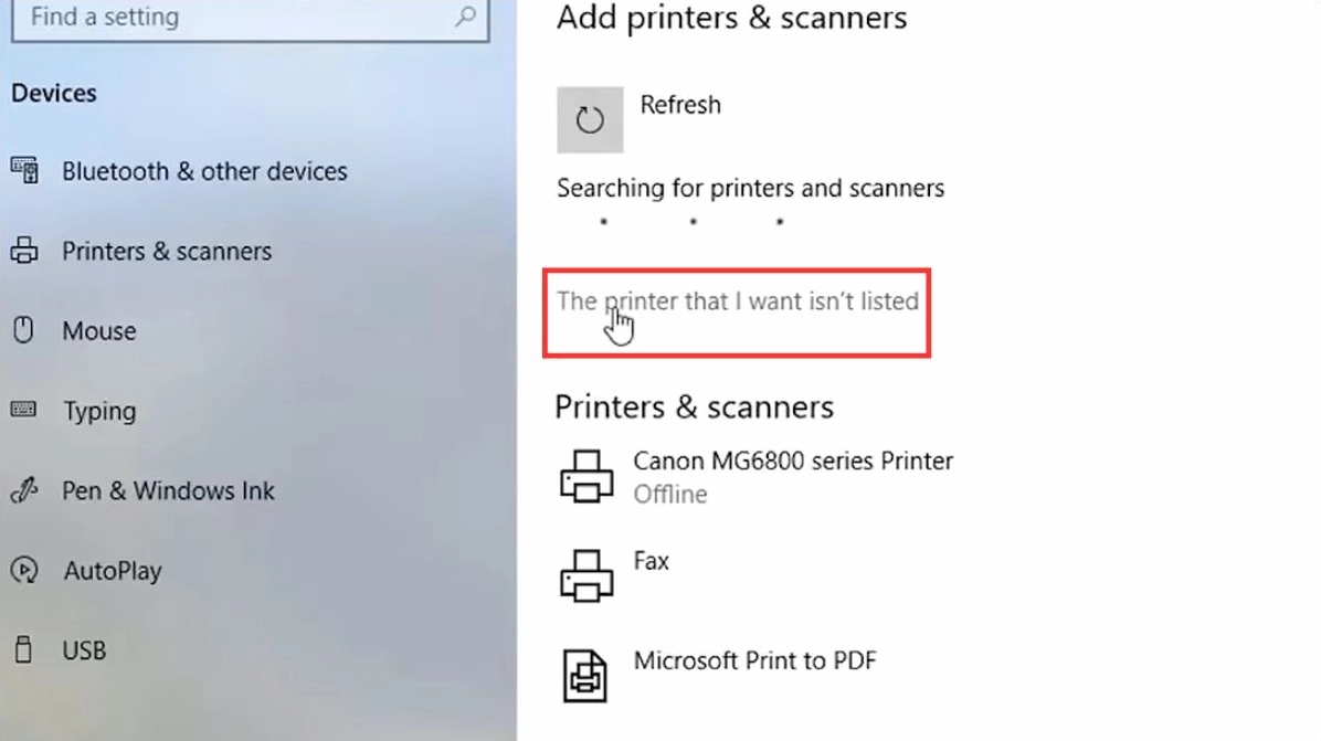 Nhấn vào tùy chọn The printer that I want isn’t listed nếu không tìm thấy máy in