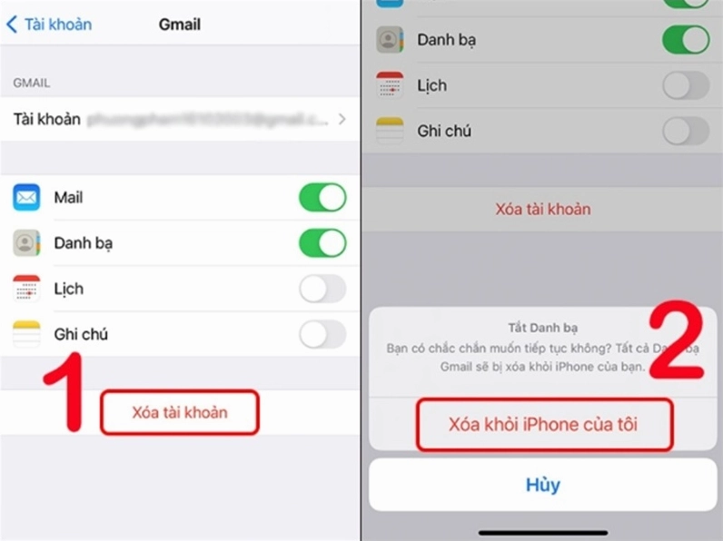 Nhấn Xóa tài khoản sau đó chọn Xóa khỏi iPhone của tôi