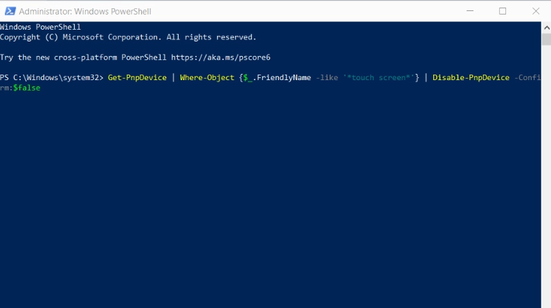 Nhập câu lệnh để vô hiệu hóa màn hình cảm ứng trong PowerShell