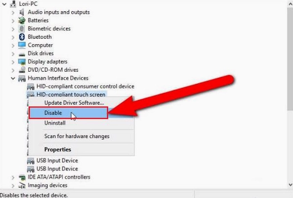 Nhấp chuột phải vào mục HID-compliant touch screen và chọn Disable
