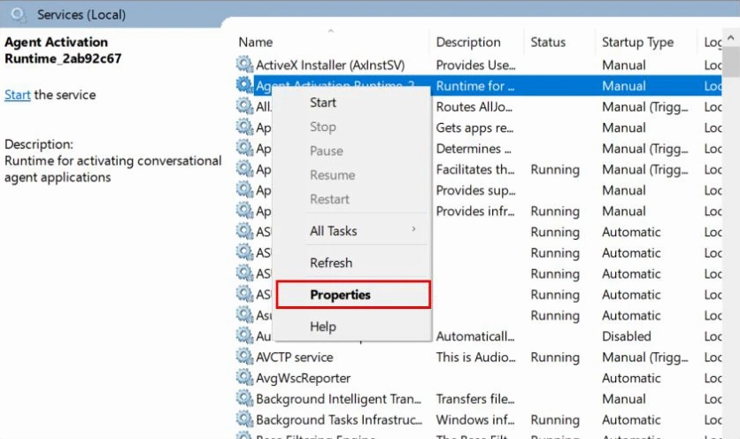 Nhấp chuột phải vào service, chọn Properties