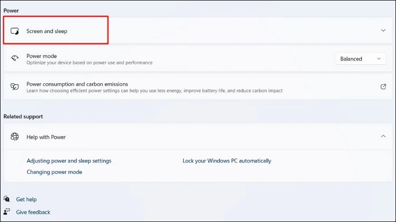 Nhấp chuột vào phần Screen and sleep trong mục System