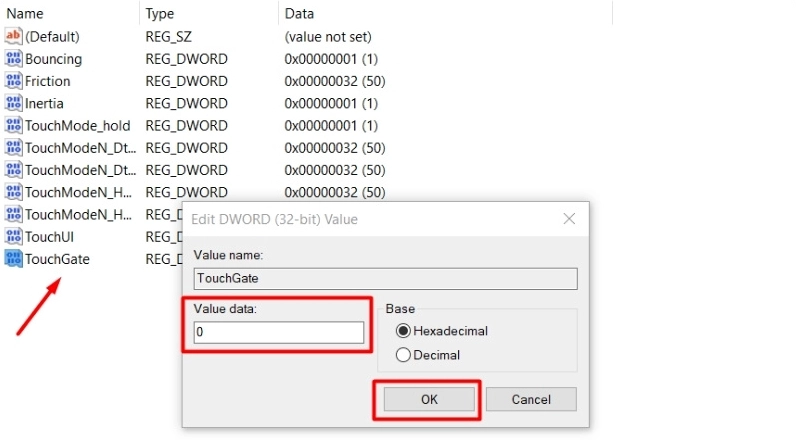 Nhập giá trị 1 để bật cảm ứng hoặc 0 để tắt cảm ứng