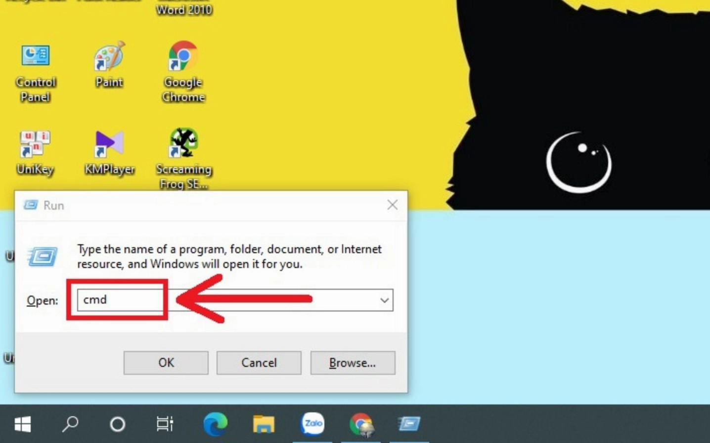 Nhập lệnh cmd vào ô tìm kiếm trên thanh Taskbar của Windows