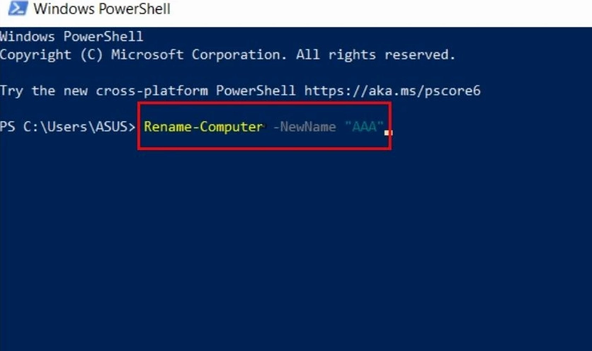 Nhập lệnh đổi tên vào cửa sổ PowerShell và nhấn Enter