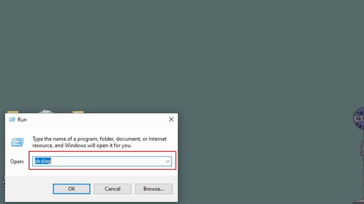 Nhập lệnh dxdiag vào hộp thoại Run trên hệ điều hành Windows