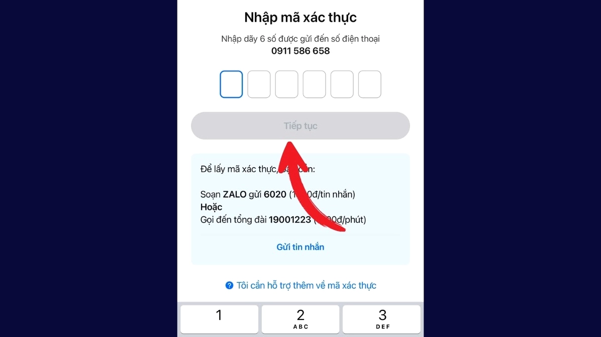 Nhập mã xác thực xong thì quá trình đăng ký sẽ tự động chuyển sang bước tiếp theo