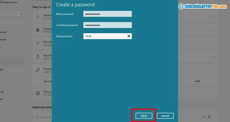 Hướng dẫn chi tiết cách cài mật khẩu cho laptop trên hệ điều hành Windows và Mac 7 Nhập mật khẩu cần cài và gợi ý mật khẩu vào các ô tương ứng