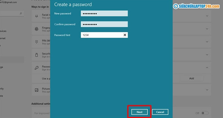 Nhập mật khẩu cần cài và gợi ý mật khẩu