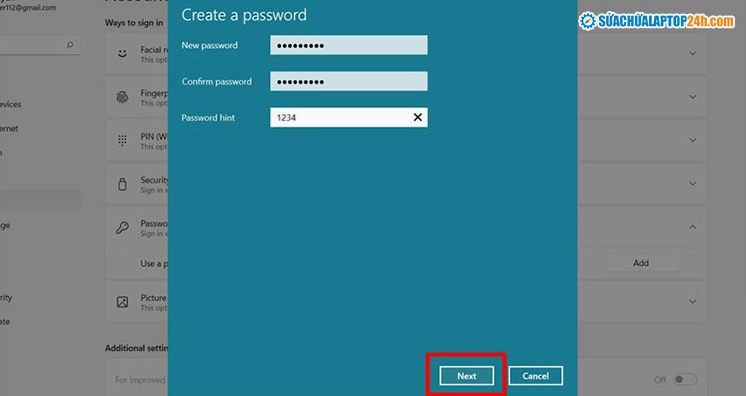 Hướng dẫn chi tiết cách cài đặt mật khẩu laptop bảo vệ dữ liệu tuyệt đối 10 Nhập mật khẩu cần cài và phần gợi ý mật khẩu