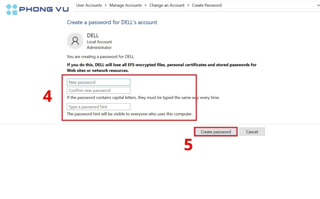 Hướng dẫn chi tiết cách cài pass laptop bảo mật dữ liệu an toàn tuyệt đối năm 2026 23 Nhập mật khẩu mới rì nhấn Create password