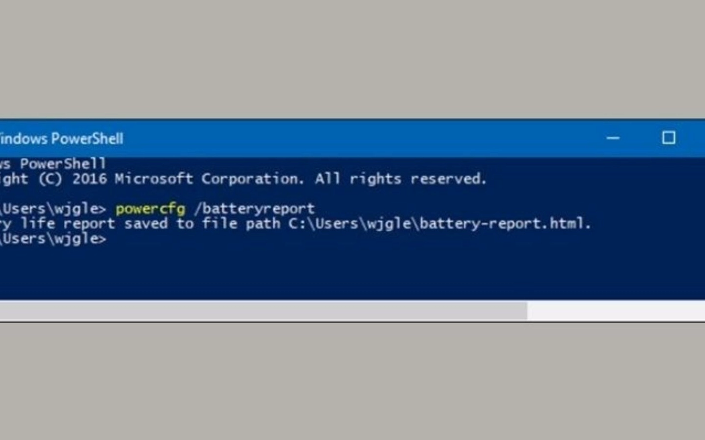 Nhập powercfg /batteryreport vào màn hình hiển thị