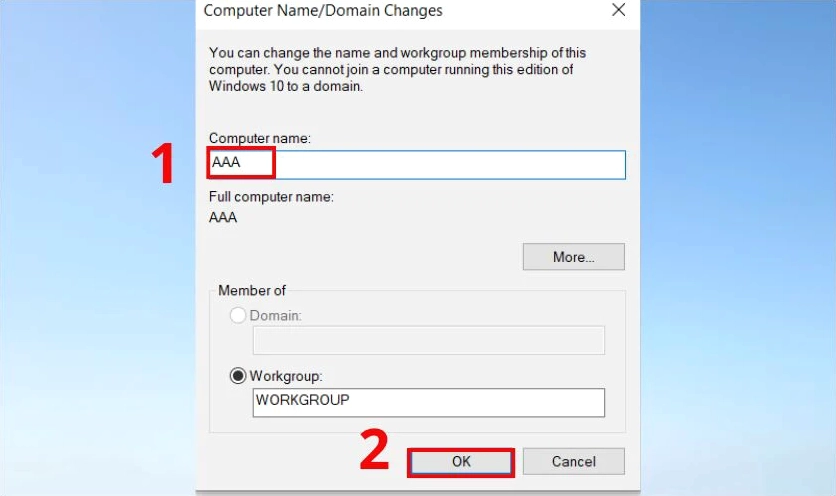 Nhập tên mới vào ô Computer name và nhấn OK để lưu