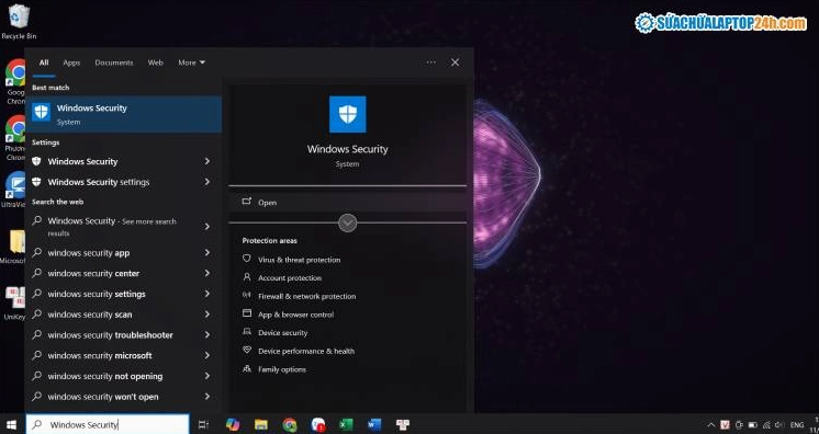 Nhập tìm kiếm Windows Security trong thanh tìm kiếm của hệ điều hành Windows