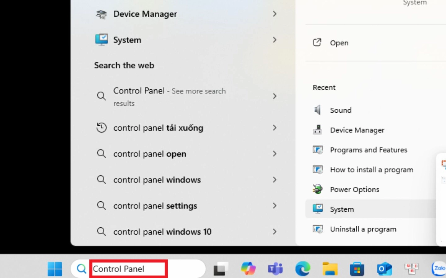 Nhập từ khóa Control Panel