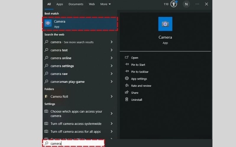 Nhấp vào ứng dụng Camera xuất hiện trong kết quả tìm kiếm trên Windows