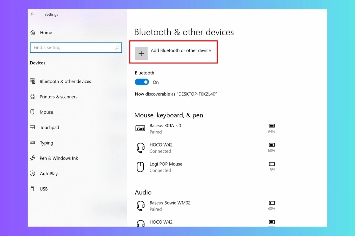 Nút Add Bluetooth or other device trong phần cài đặt Bluetooth
