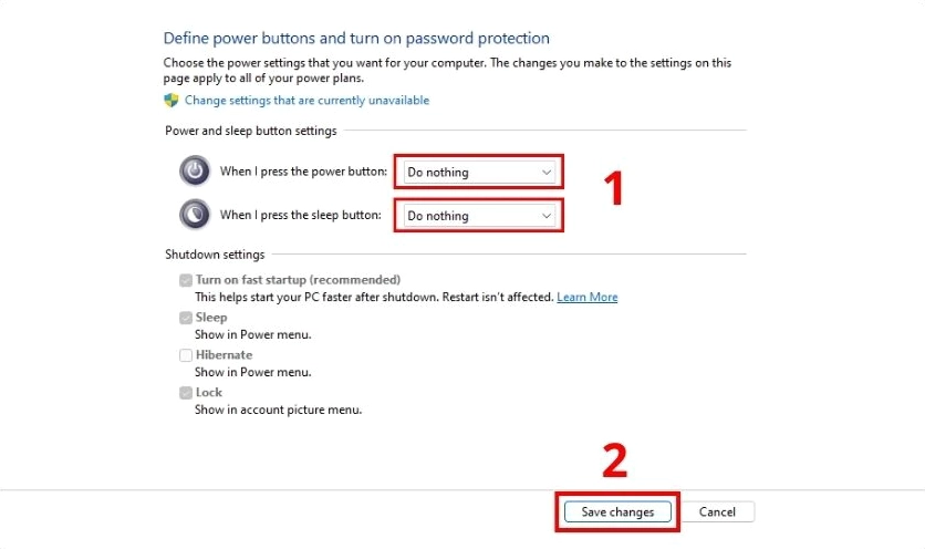 Hướng dẫn chi tiết cách tắt laptop đúng cách giúp bảo vệ tuổi thọ thiết bị an toàn tuyệt đối 17 Nút bấm chọn Save changes để hoàn tất việc thiết lập hệ thống