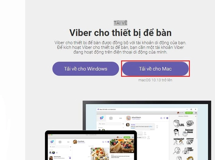Nút bấm chọn tải phần mềm Viber về cho thiết bị máy tính Mac của Apple