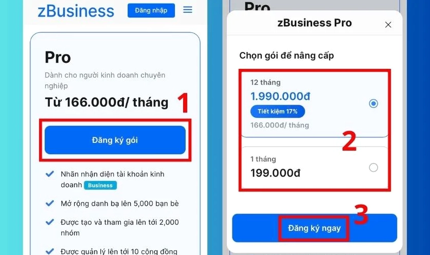 Nút Đăng ký gói Zalo Business Pro hiển thị chi tiết mức giá