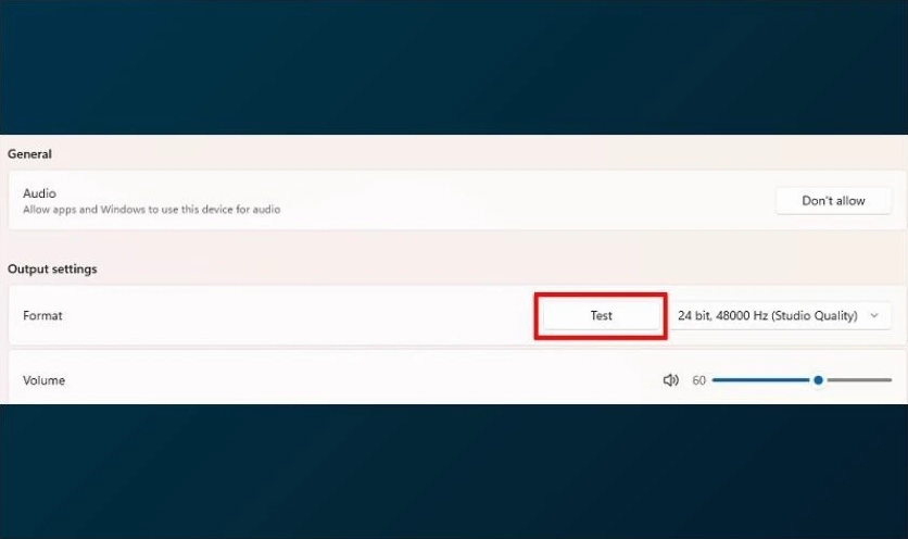 Nút Test được khoanh đỏ tại mục Format trong cửa sổ thuộc tính loa trên laptop