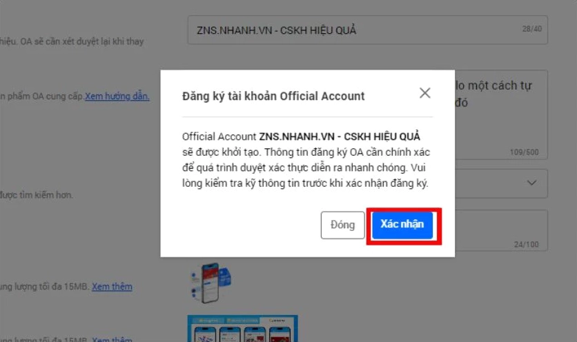 Nút Xác nhận đăng ký hoàn tất quá trình tạo tài khoản Zalo OA
