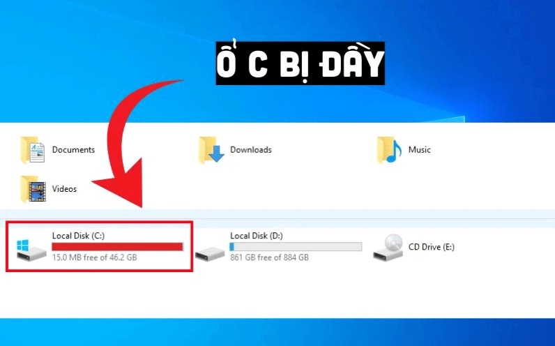 Hướng dẫn chi tiết cách dọn rác laptop an toàn và tăng tốc độ xử lý nhanh nhất năm 2026 2 Ổ đĩa hệ thống hiển thị màu đỏ báo hiệu sắp hết dung lượng