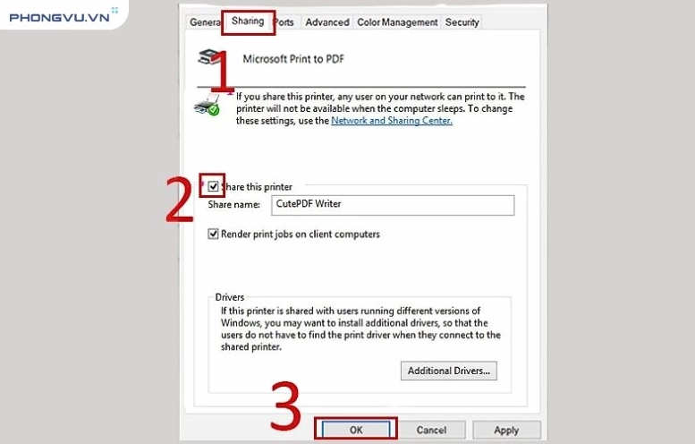 Hướng dẫn chi tiết cách thêm máy in vào laptop nhanh chóng và hiệu quả 15 Ở tab Sharing chọn Share this printer và nhấn OK