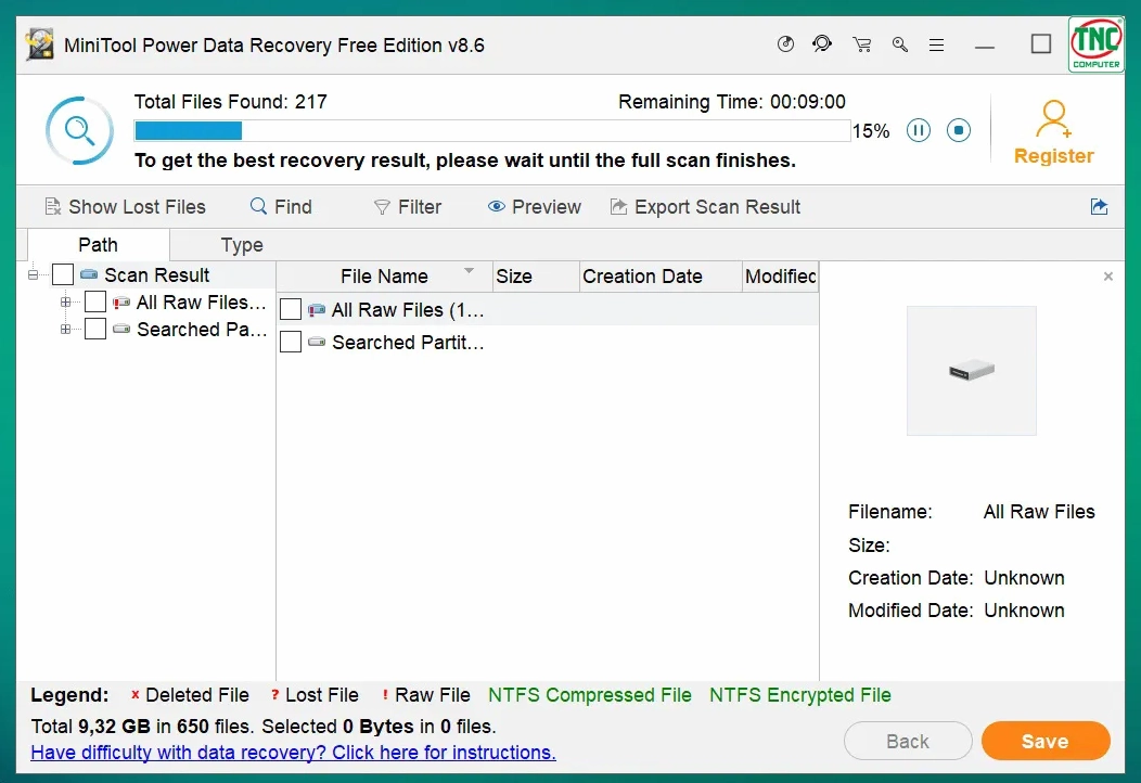 Quá trình phần mềm đang quét và tìm kiếm các tập tin bị xóa