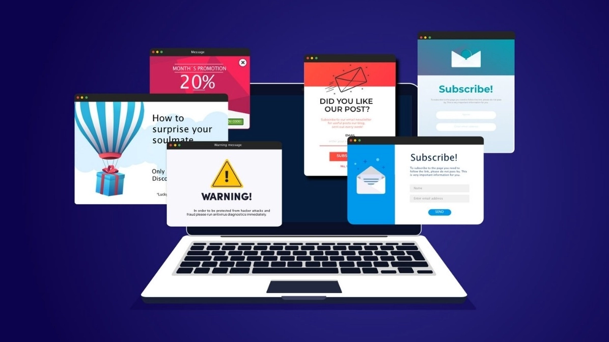 Quảng cáo tự động bật lên liên tục trên màn hình là dấu hiệu cho thấy có thể laptop đã bị nhiễm virus