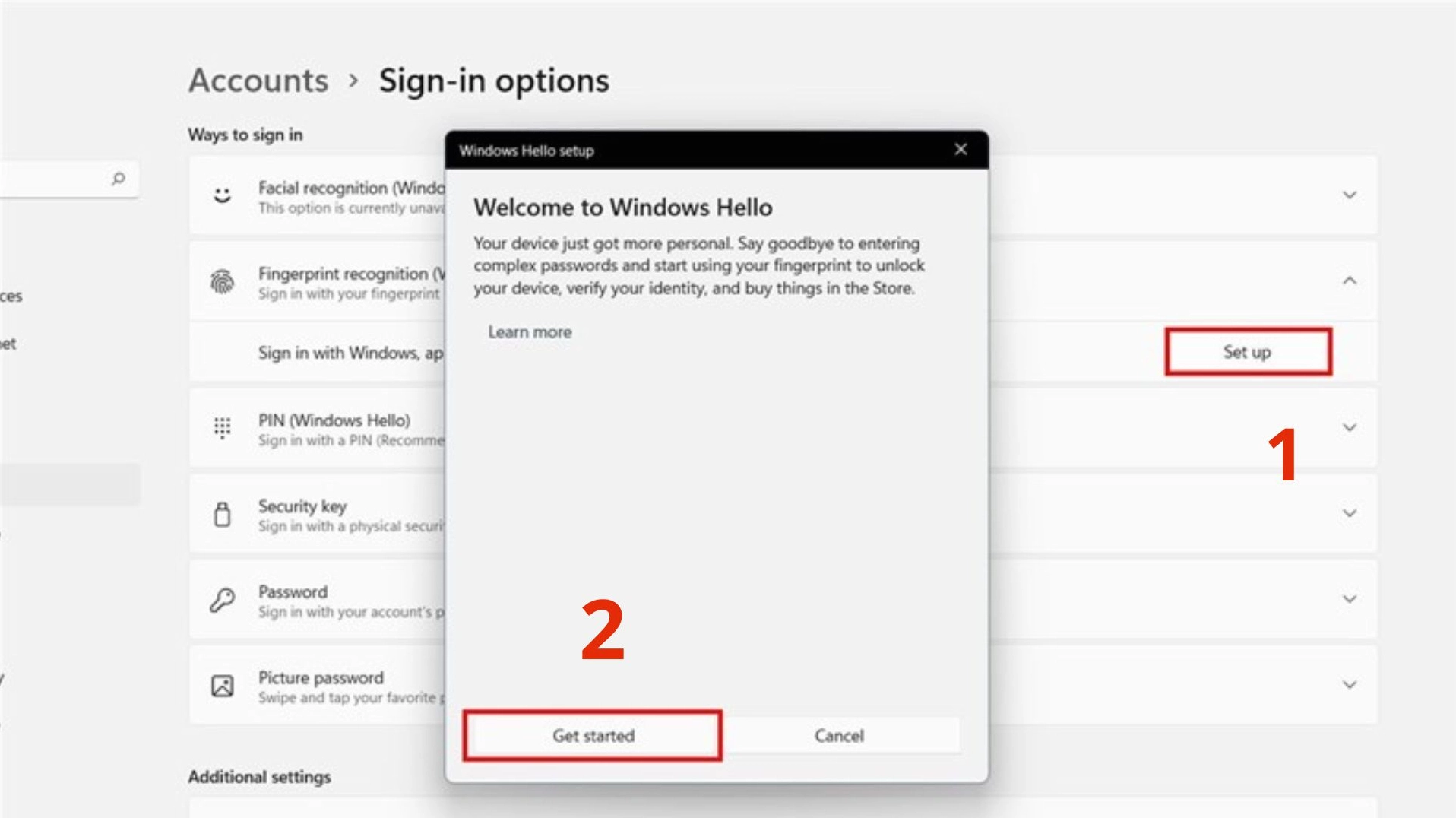 Sau khi đặt mật khẩu xong hãy vào Fingerprint recognition chọn Set up và Getting Started