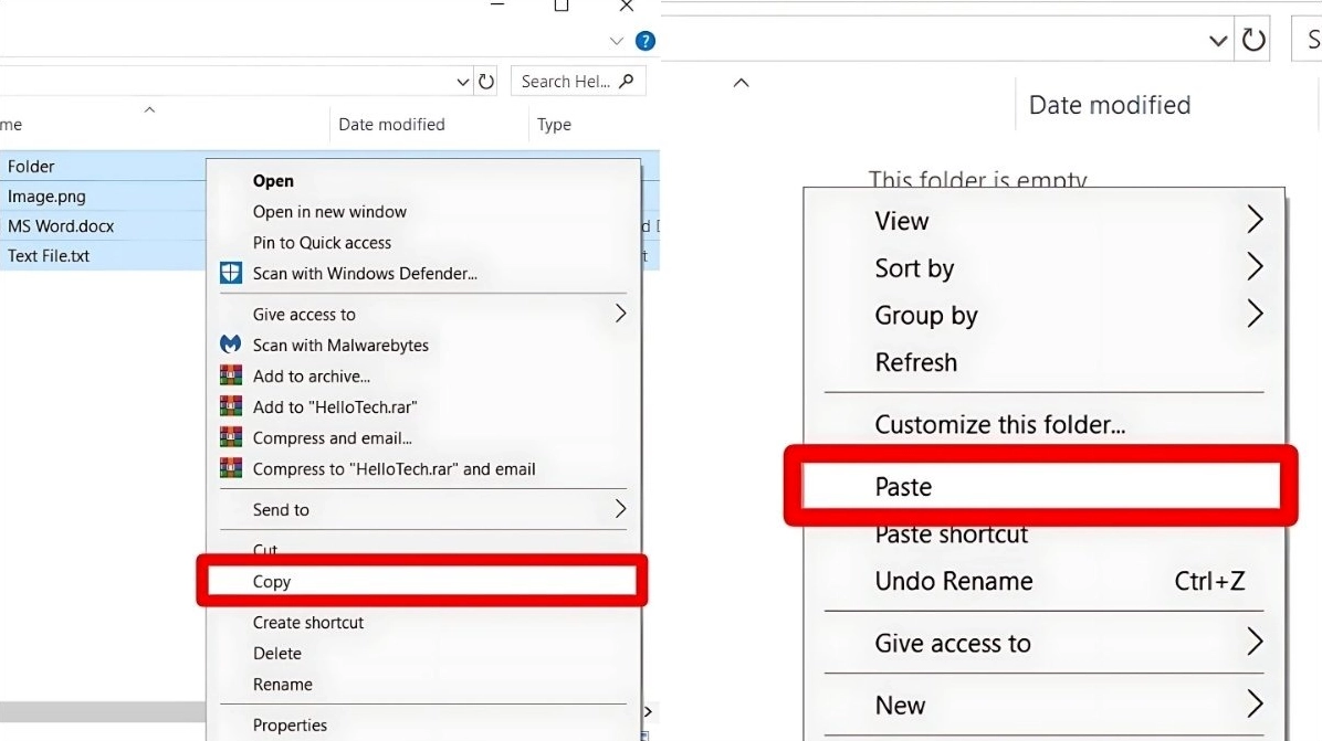 Sử dụng chuột để sao chép, cắt và dán dữ liệu