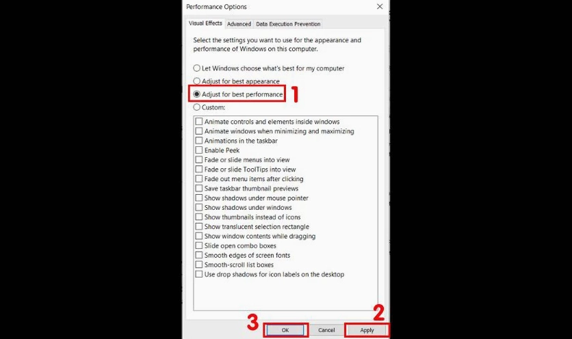 Hướng dẫn chi tiết cách làm cho laptop chạy mượt hơn trên hệ điều hành Windows 7 16 Sử dụng Visual Effect để tăng tốc máy tính Win 10