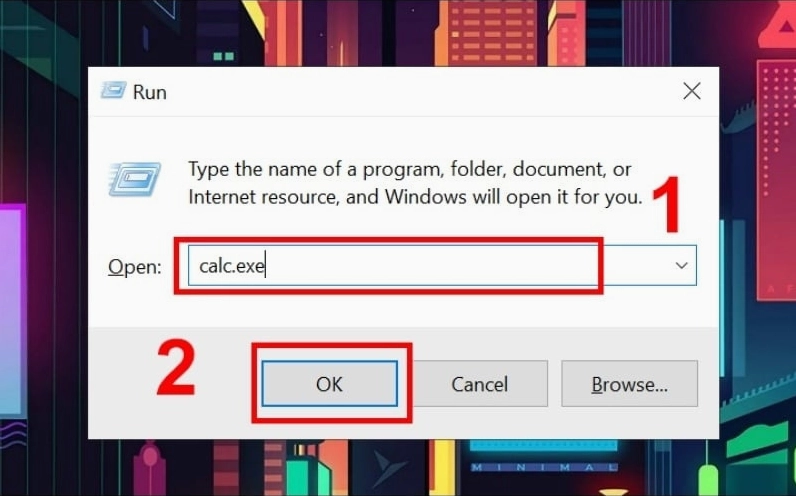Tại ô Open của hộp thoại Run nhập lệnh calc.exe rồi nhấn phím Enter