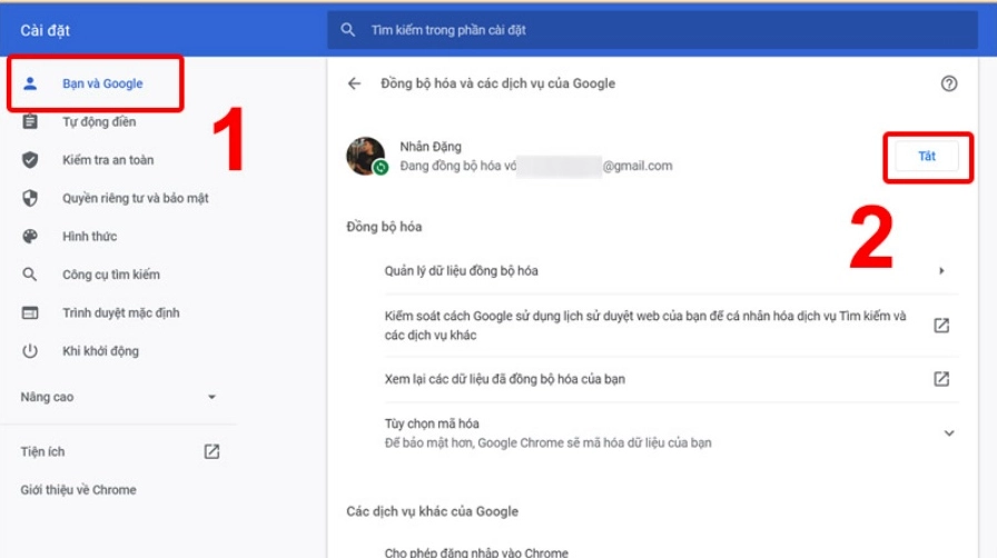 Tại tab Bạn và Google nhấn vào Tắt ở mục đồng bộ hóa