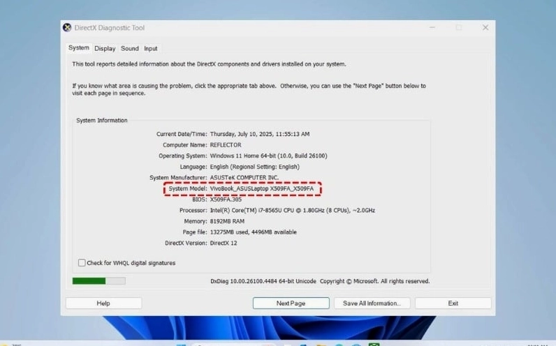 Hướng dẫn chi tiết cách kiểm tra model laptop nhanh chóng và chuẩn xác nhất 11 Tại thẻ System trong cửa sổ DxDiag, bạn sẽ thấy ngay tên model máy ở dòng System Model