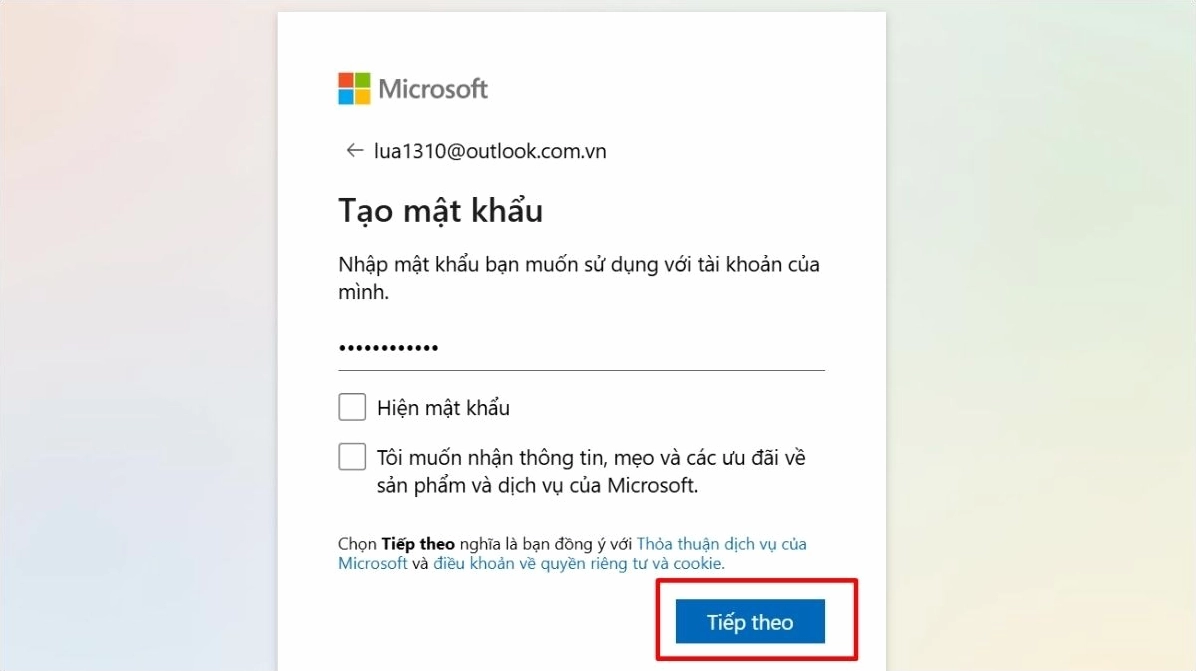 Hướng dẫn chi tiết cách tạo gmail trên laptop nhanh chóng và đơn giản nhất năm 2026 16 Tạo mật khẩu cho tài khoản và nhấn Tiếp theo