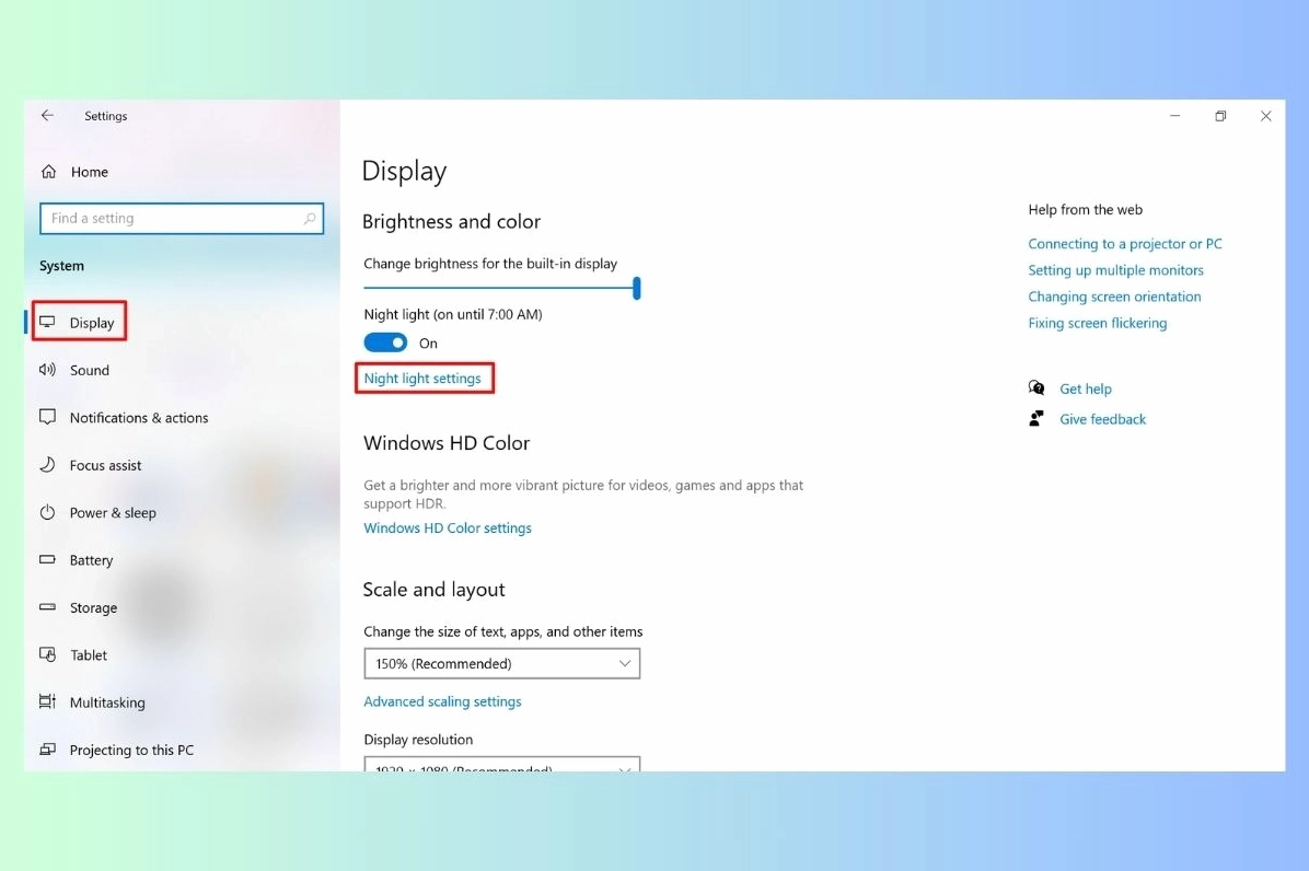 Thao tác bật tính năng Night Light trong phần cài đặt màu sắc của Windows