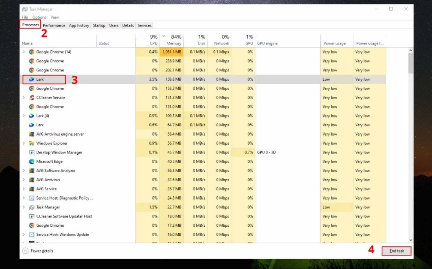 Thao tác buộc dừng tiến trình chạy ngầm bằng công cụ Task Manager trên máy tính