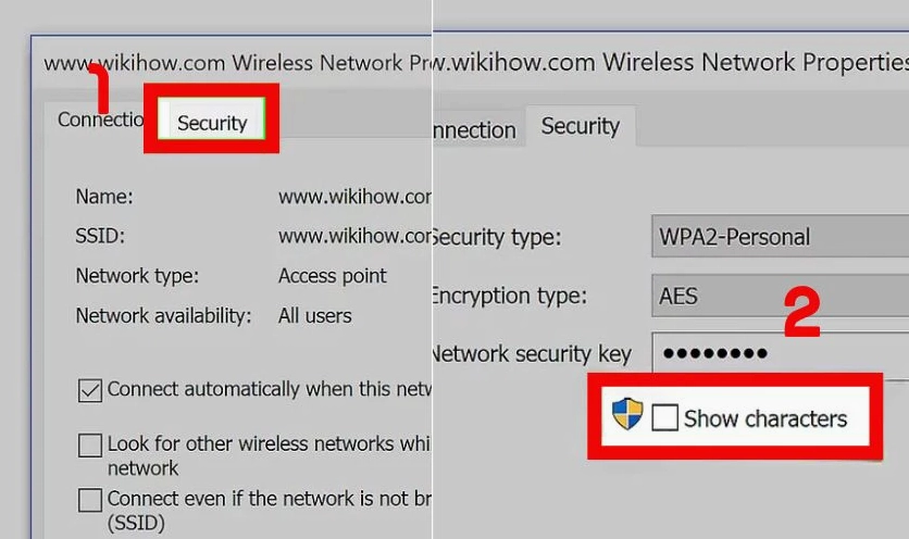 Thao tác chọn đánh dấu vào ô bên cạnh Show characters để hiển thị mật khẩu Wi Fi