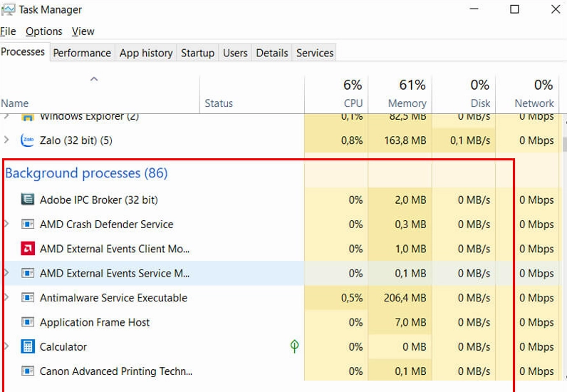 Thao tác chọn một tiến trình đang chạy ngầm để chuẩn bị thực hiện việc kết thúc tiến trình đó