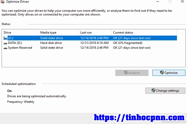 Hướng dẫn chi tiết cách làm cho laptop win 10 chạy nhanh hơn hiệu quả 15 Thao tác chọn ổ đĩa bạn muốn chống phân mảnh rồi chọn nút Optimize