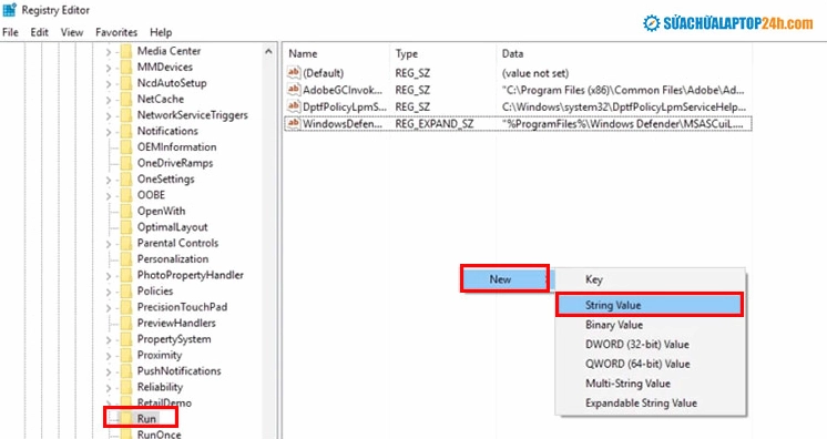 Thao tác chọn String Value để tạo khóa mới