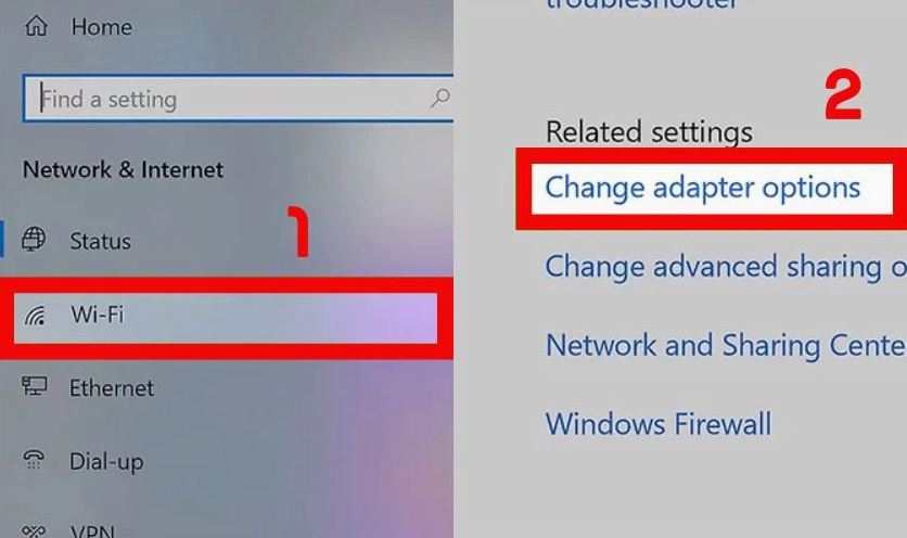 Thao tác chọn thẻ Wi Fi và chọn vào Change adapter options