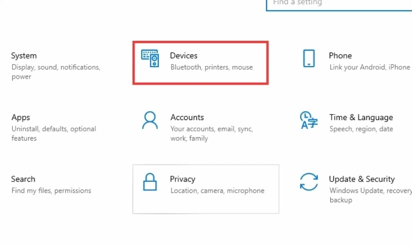 Thao tác chọn vào mục Devices trong cài đặt
