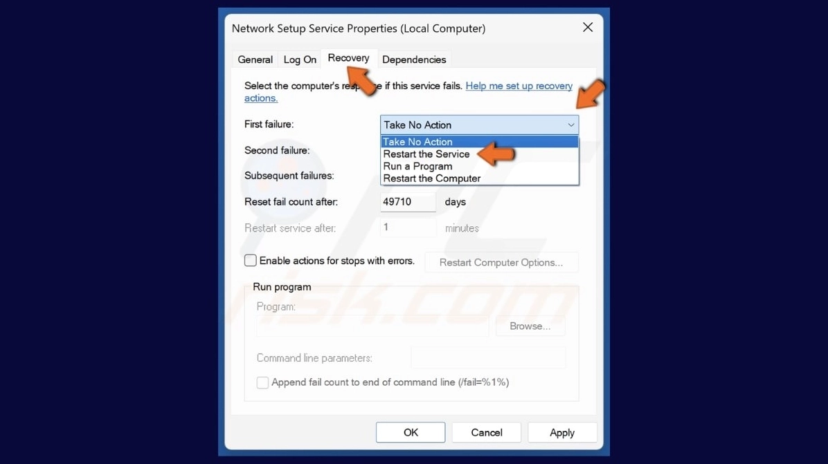 Thao tác chuyển sang tab Recovery để cấu hình phục hồi