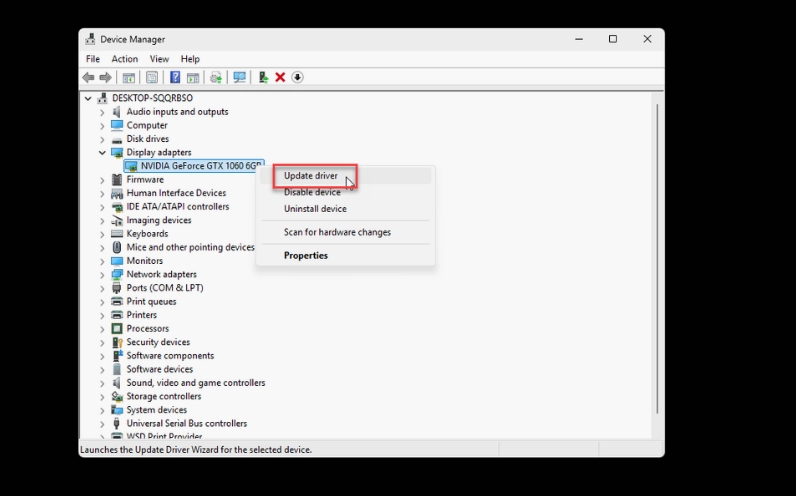 Thao tác click chuột phải và chọn Update driver cho card đồ họa trong Device Manager