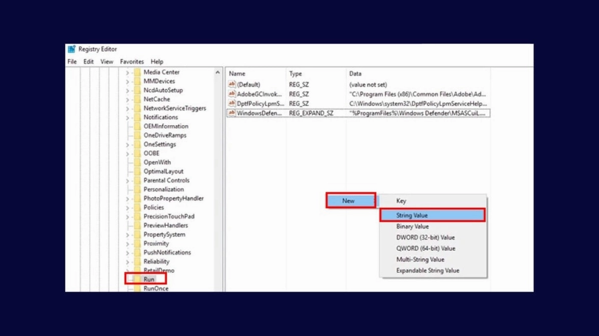 Thao tác điều hướng đến thư mục cấu hình bên trong Registry