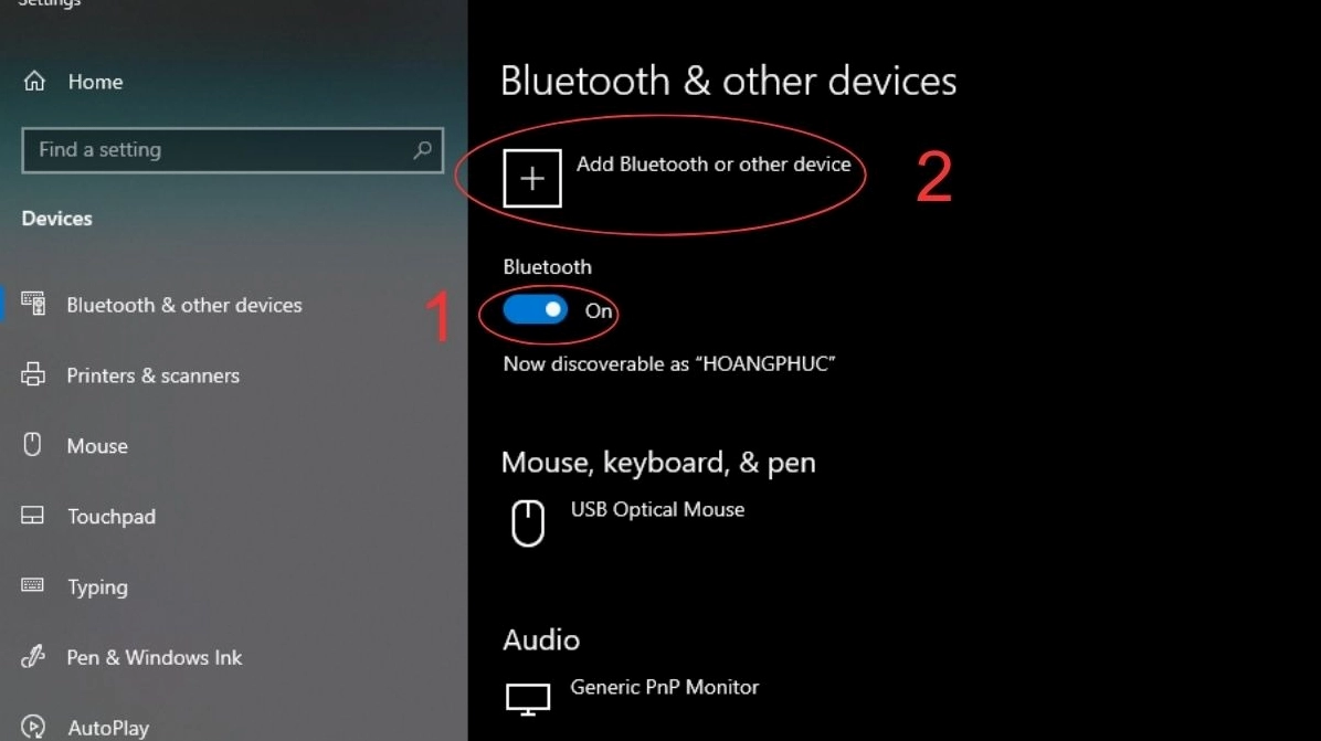 Thao tác gạt mở tín hiệu và thêm thiết bị mới vào danh sách chờ ghép nối