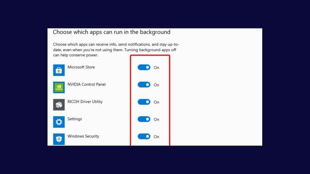 Thao tác gạt thanh trạng thái sang Off để vô hiệu hóa ứng dụng đang chạy ngầm trên hệ thống